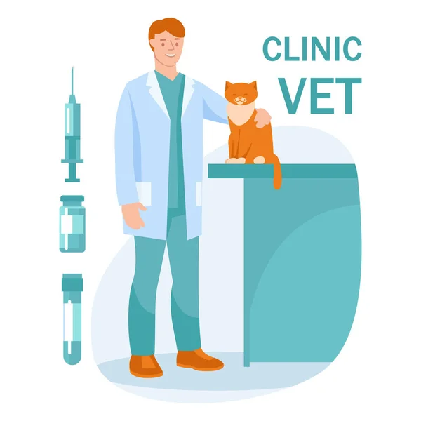 Vétérinaire Avec Chat Seringue Flacon Médicament Éprouvette Concept Illustration Vectorielle — Image vectorielle