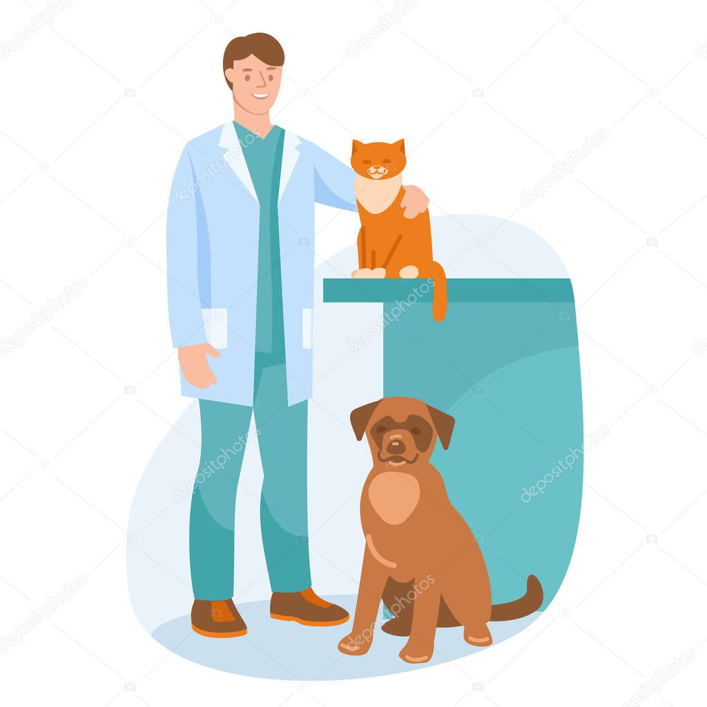 Veterinarian with a dog and a cat. Vector illustration.