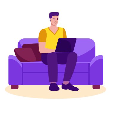 Kanepede dizüstü bilgisayarı olan serbest çalışan ya da evde çalışan bir adam. Serbest çalışma, çevrimiçi eğitim kavramı.