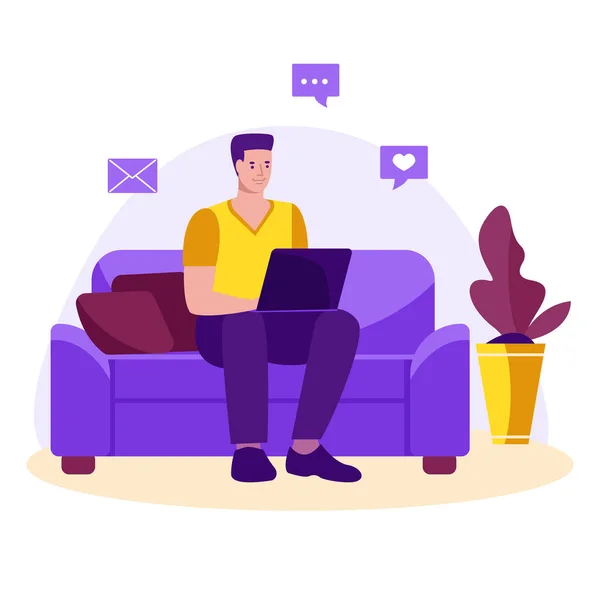 Man Freelance Laptop Couch Studying Working Home Vector Concept Freelance — Stock Vector