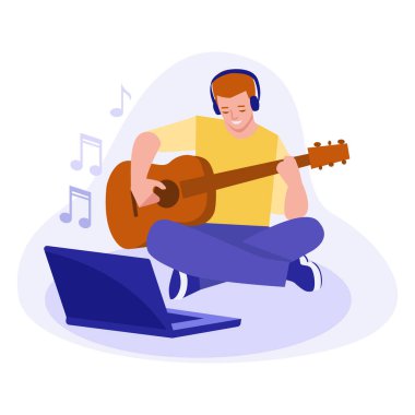 Genç bir adam gitar çalmayı öğreniyor. Dizüstü bilgisayara bakar. Çevrimiçi öğrenme konsepti. Vektör.
