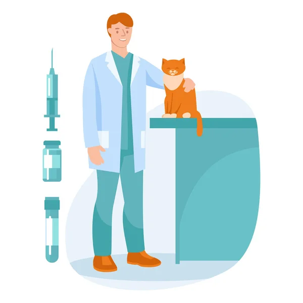Vétérinaire Avec Chat Seringue Flacon Médicament Éprouvette Concept Illustration Vectorielle — Image vectorielle