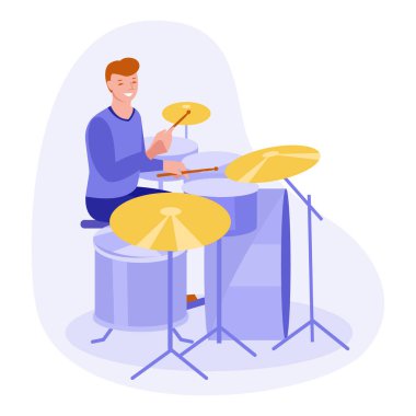 Genç adam davul çalıyor. Düz stil. Vektör.