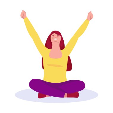 Elleri havada yerde oturan mutlu kız. Çizgi film düz stiliyle vektör illüstrasyonu. Bir beyazda izole edilmiş..