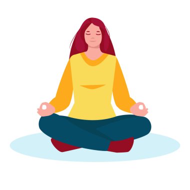 Meditasyon yapan kadın. Çizgi film tarzında vektör illüstrasyonu. Bir beyazda izole edilmiş..