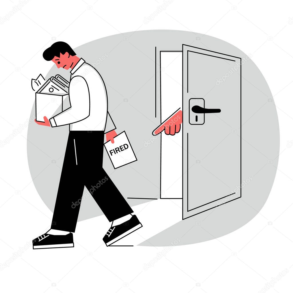 Dismissal from work. Sad man with a box of things. Caption: Fired. Vector illustration.