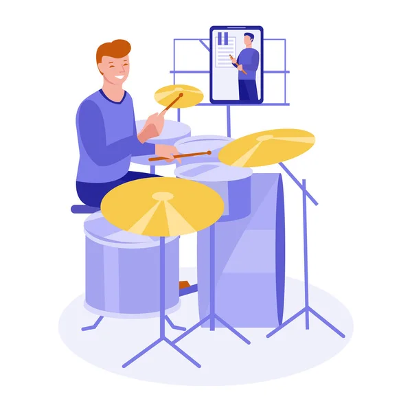 Online Training Play Drums Vector Flat Illustration Isolated White Background — Stock Vector