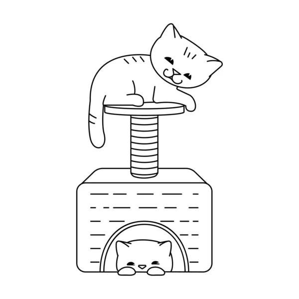 Gatos Uma Casa Gato Com Posto Arranhões Ilustração Contorno Vetor — Vetor de Stock