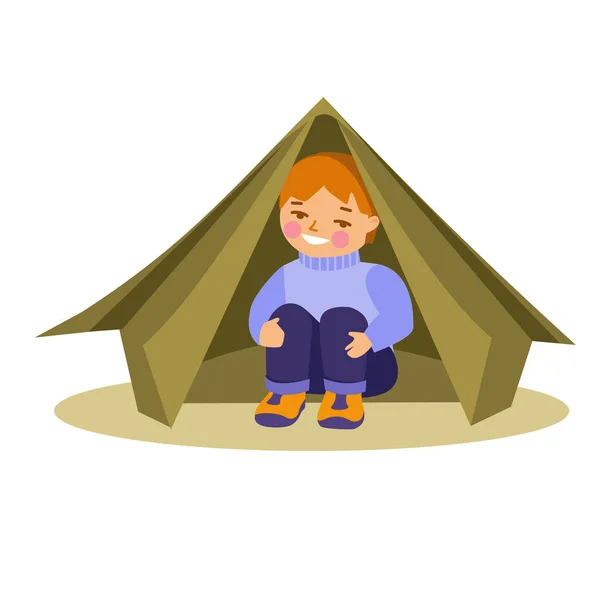 Boy Sitting Tent Vector Illustration Flat Style Isolated White Background — Stock Vector