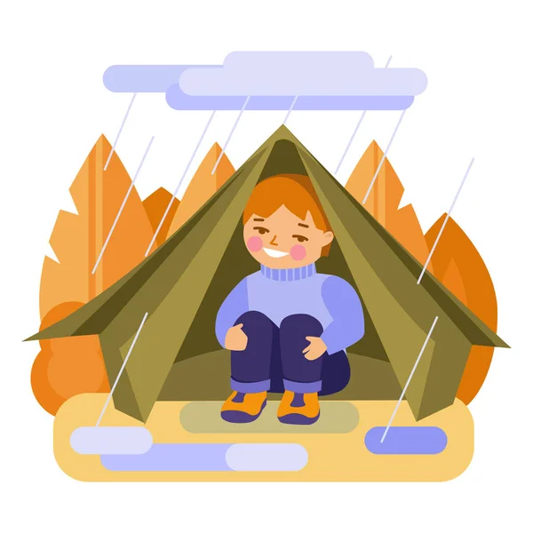 テントの中の少年が雨から隠れている フラットスタイルのベクトルイラスト 白に隔離された — ストックベクタ
