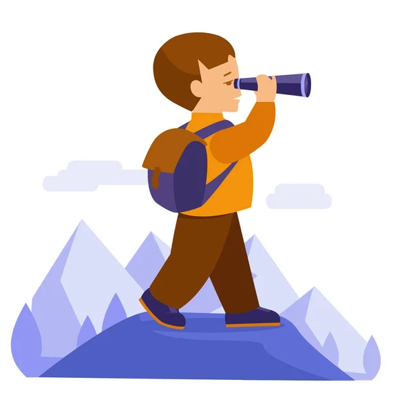 Boy Hiking Backpack Looks Telescope Mountains Vector Illustration Flat Style — Stock Vector