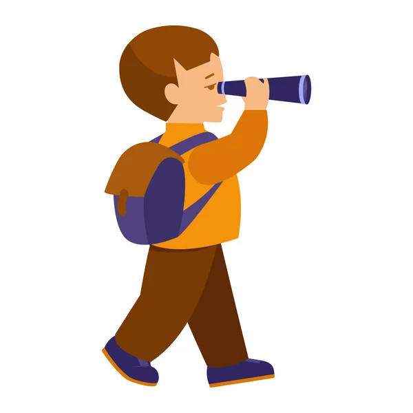 Boy Backpack Hike Looks Spyglass Vector Illustration Flat Style Isolated — Stock Vector