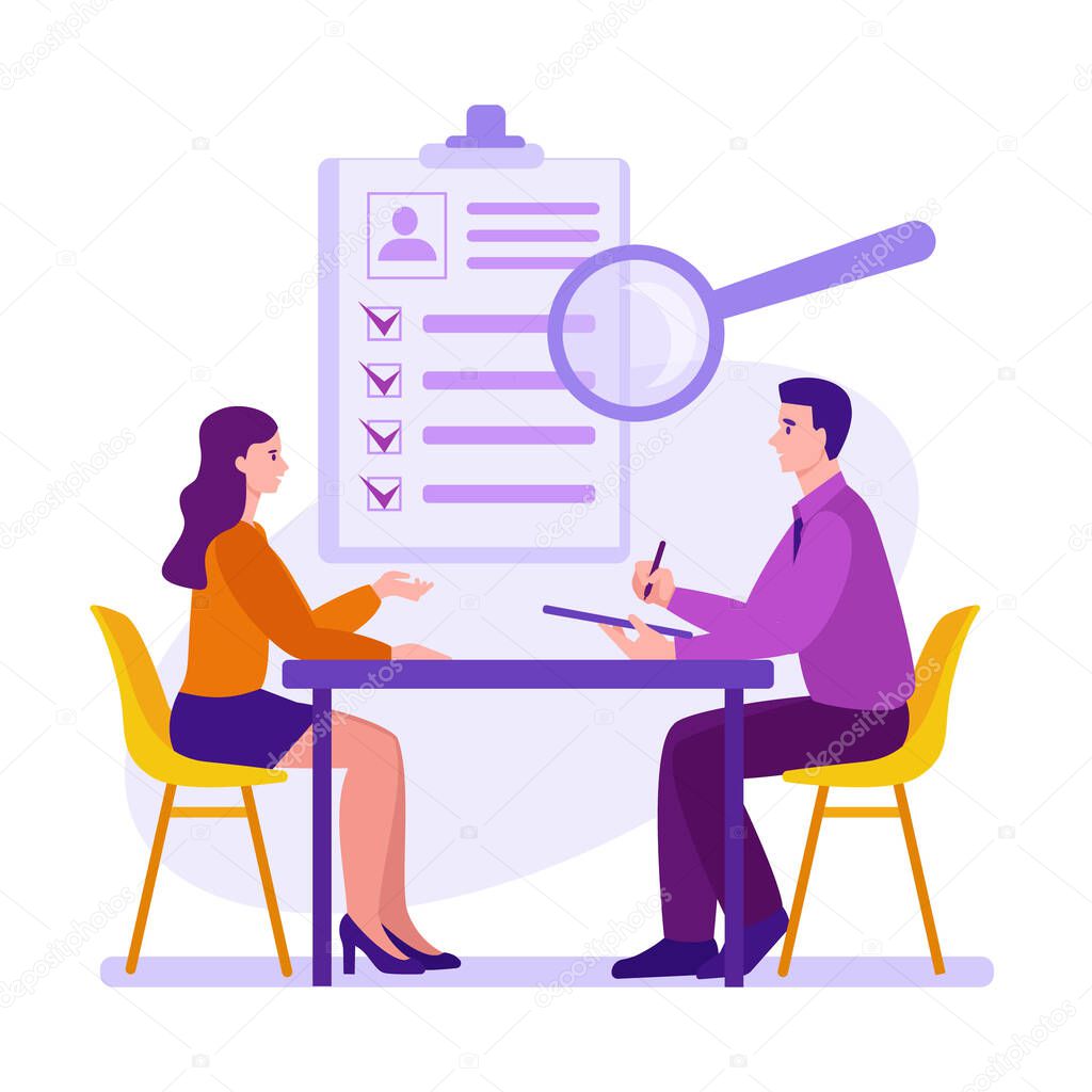 Interview, employment process, candidate selection. Recruitment and placement service. Recruiting agency and headhunting company. Vector concept in flat cartoon.