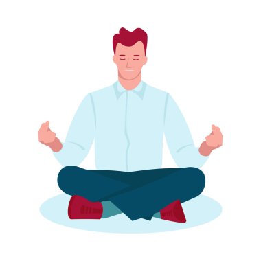 Meditasyon yapan adam. Yoga pozu, rahatlama, akıl sağlığı, sağlıklı yaşam tarzı. Vektör çizimi. Bir beyazda izole edilmiş..