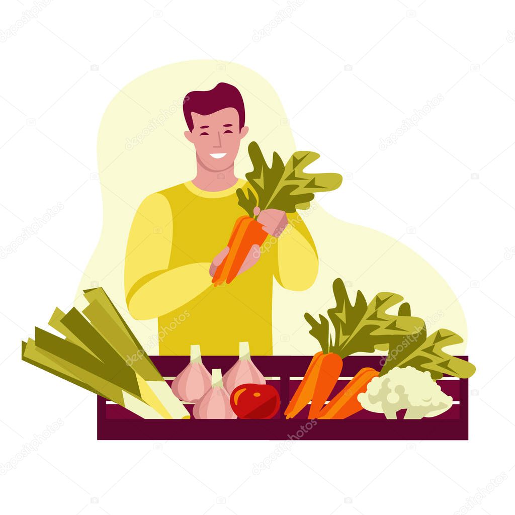 Young man with boxes of fresh vegetables. Holds carrots. Grocery store, market. Vector illustration. Isolated on a white.