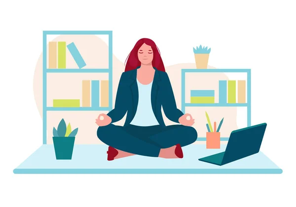 Mujer Negocios Meditando Oficina Lugar Trabajo Concepto Vectorial Estilo Vida — Vector de stock