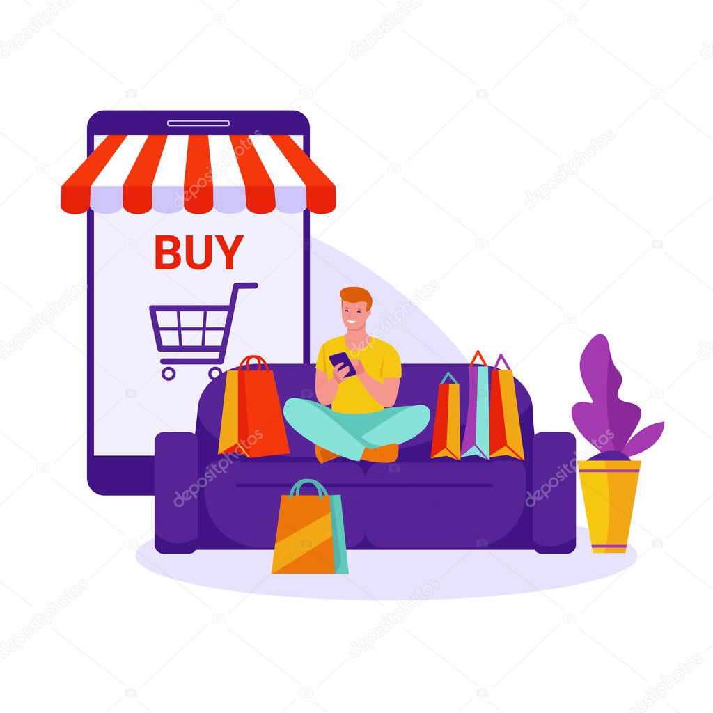 Online shopping concept. Boy on the couch with shopping bags, with a smartphone. Vector illustration in flat cartoon.
