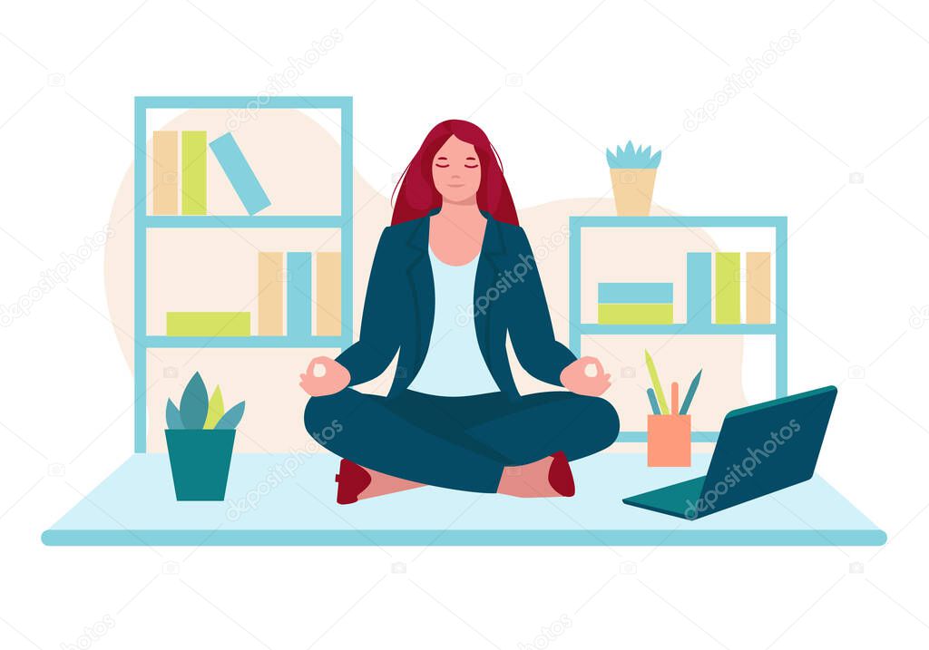 Business woman meditating in the office. Workplace. Vector concept of healthy lifestyle, mental health, relaxation. Illustration in flat cartoon.