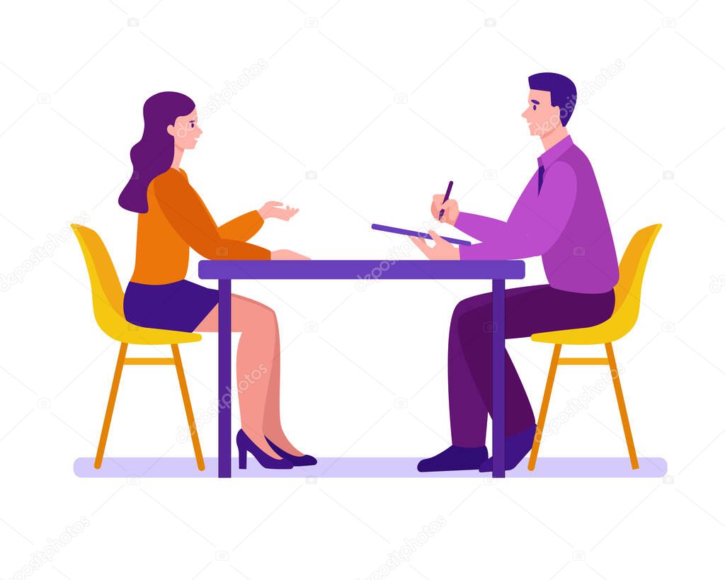 Young man and woman are interviewed at the table. Employment process, candidate selection, journalistic interview. Vector concept in flat cartoon style.