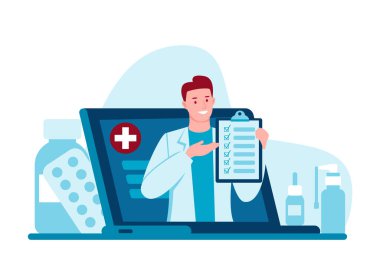 İnternet doktoru. Teletıp. Doktorun internetteki muayenesi. Tıp ve sağlık hizmetleri kavramı. Hastalar için çevrimiçi tıbbi bakım. Düz çizgi filmdeki vektör illüstrasyonu.