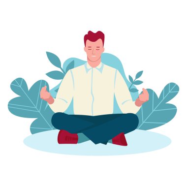 Doğada, bitkilerin arasında meditasyon yapan genç bir adam. Sağlıklı yaşam tarzı, zihinsel sağlık, rahatlama taşıyıcı konsepti. Çizgi film tarzında illüstrasyon. Beyaz bir arkaplanda izole edilmiş.
