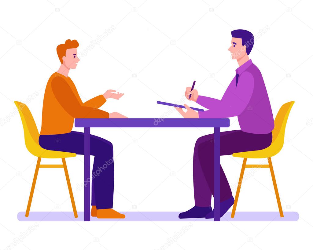 Two men are interviewed at the table. Employment process, candidate selection, journalistic interview. Vector concept in flat cartoon style. Isolated on white background.