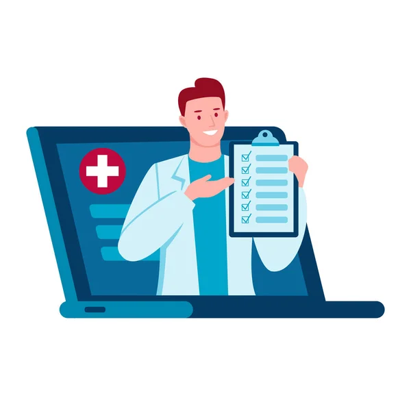 Médecin Internet. Télémédecine. Consultation des médecins via Internet avec un médecin. Soins médicaux en ligne pour les patients concept. Illustration vectorielle en style dessin animé plat. Isolé sur un blanc. — Image vectorielle