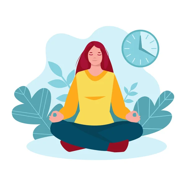 Mujer meditante, niña en la naturaleza, fondo de hojas, plantas. Temporizador del reloj, 20 minutos. Ilustración vectorial en estilo plano de dibujos animados. El concepto de un estilo de vida saludable, yoga, meditación, relajación. — Vector de stock