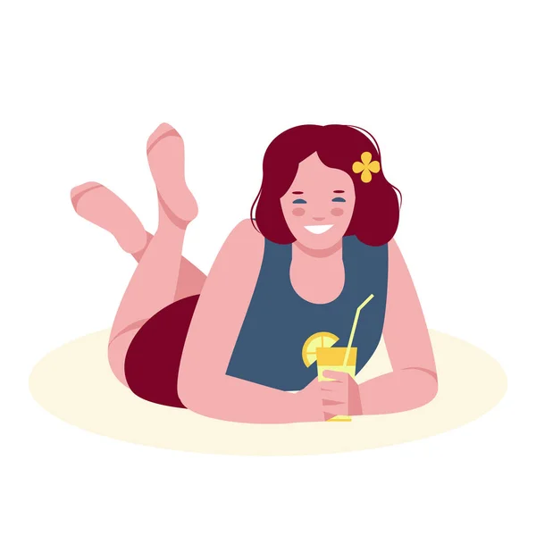 Chica acostada con cóctel de frutas, jugo, limonada.Ilustración vectorial. Aislado sobre un fondo blanco. — Vector de stock