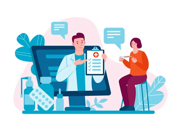 Internet doctor. Telemedicine. Doctors consultation via the Internet with a doctor. Medicine and healthcare concept. Online medical care for patients. Vector illustration in flat cartoon style. — Stock Vector