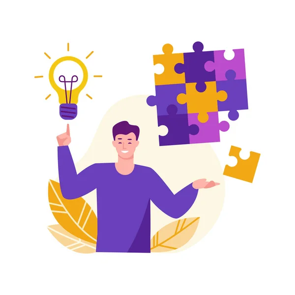 Ideas for solving problems. A young man with a light bulb compiled a puzzle. Vector concept in flat cartoon style. — Stock Vector