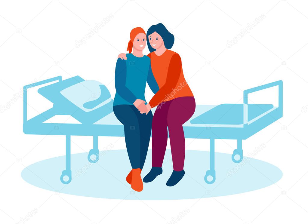 A woman with cancer sits on a bed in a hospital. A friend hugs, supports. Lavender ribbon. The concept of support of family and friends with oncology. Vector illustration in flat cartoon style.