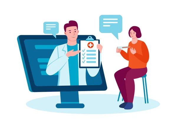 The doctor consults the patient online. Telemedicine. Medicine and health concept. Vector illustration in flat cartoon style. Isolated on a white background. — Stock Vector