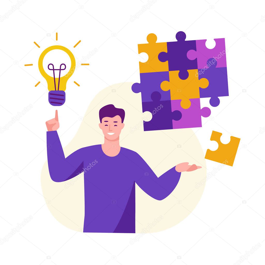 Ideas for solving problems. A young man with a light bulb compiled a puzzle. Vector concept in flat cartoon style.