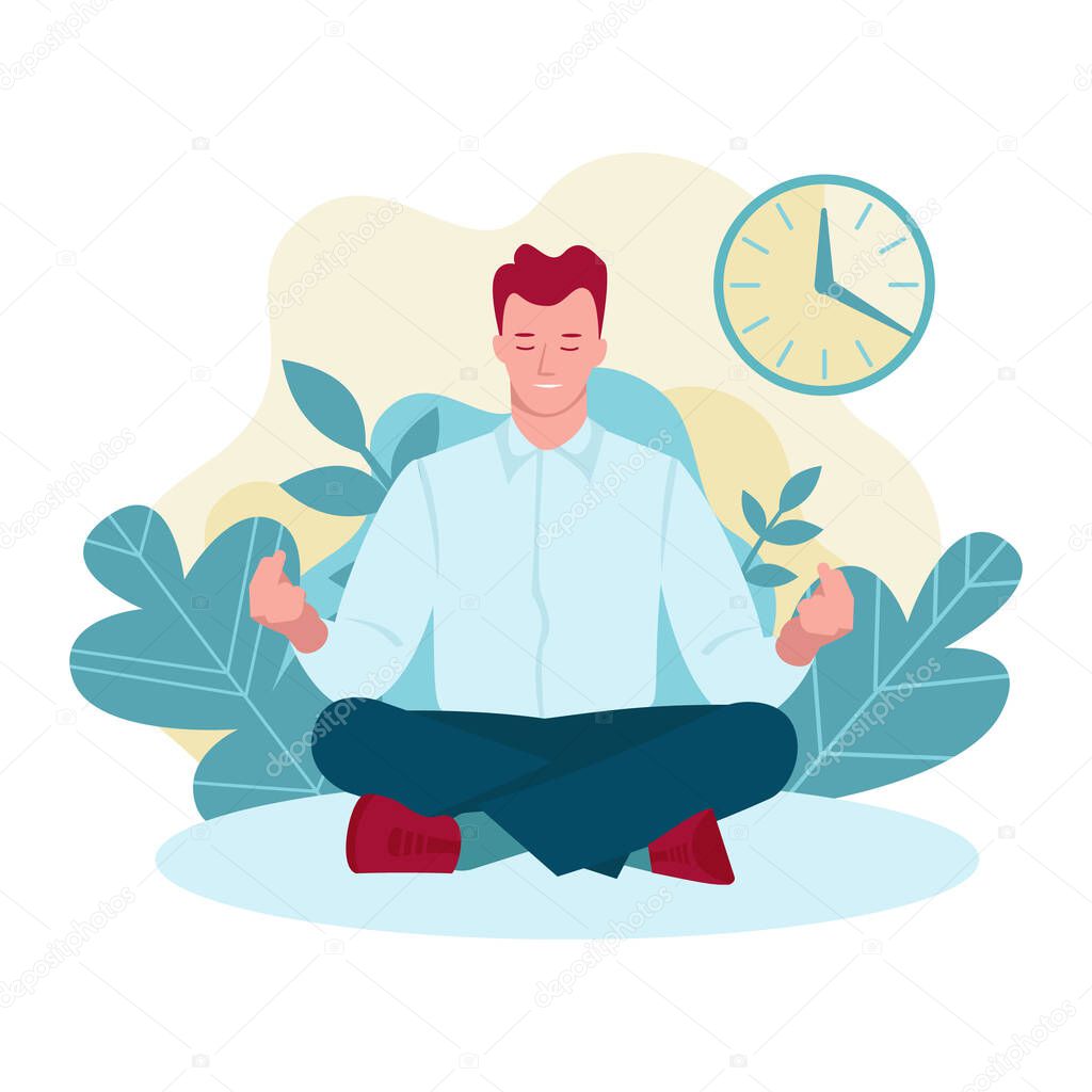Young man meditating in nature, among plants, leaves.Vector concept of a healthy lifestyle, mental health, relaxation. Clock. Inscription 20 minutes of meditation. Illustration in flat cartoon style.