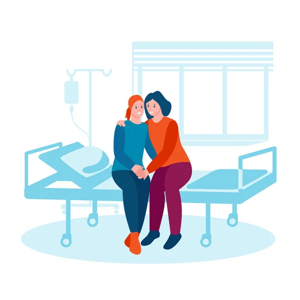 Een vrouw met kanker zit op een bed in een ziekenhuis. Een vriend knuffelt, steunt. Lavendellint. Het concept van ondersteuning van familie en vrienden met oncologie. Vector illustratie in platte cartoon stijl. — Stockvector