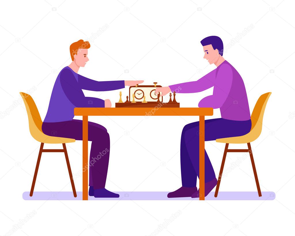 Two young men are playing a chess game. Vector illustration in flat cartoon style. Isolated on a white background.