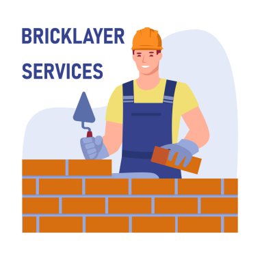 A male bricklayer worker in uniform is building a wall. Bricklayer services. Vector concept. Illustration in flat cartoon style. vector