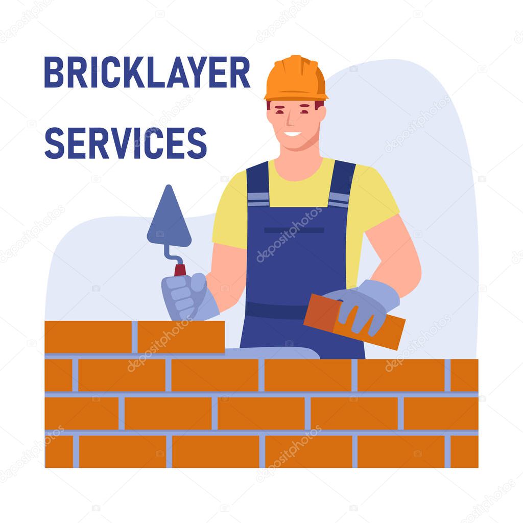 A male bricklayer worker in uniform is building a wall. Bricklayer services. Vector concept. Illustration in flat cartoon style.