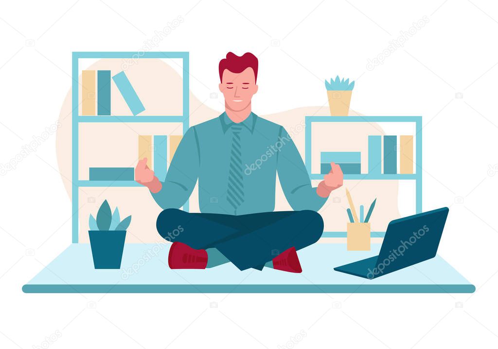 Business man meditating in the office. Workplace. Vector concept of healthy lifestyle, mental health, relaxation. Illustration in flat cartoon style.