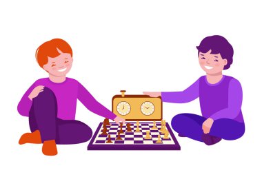 İki erkek çocuk satranç oynuyor. Yere otururlar. Düz çizgi filmdeki vektör illüstrasyonu.