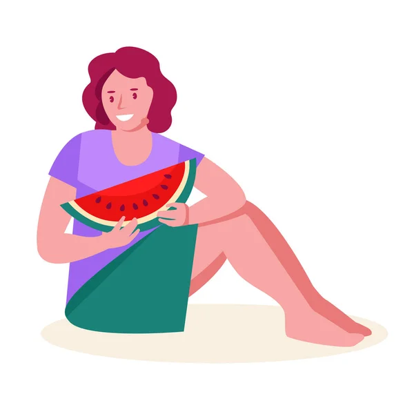 Mujer Sentada Suelo Con Una Rebanada Sandía Ilustración Vectorial Estilo — Vector de stock