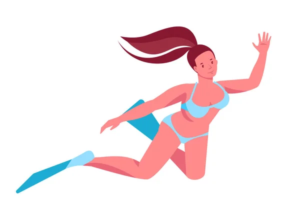 Girl Flippers Swims Underwater Vector Illustration Flat Cartoon Style Isolated — Stock Vector