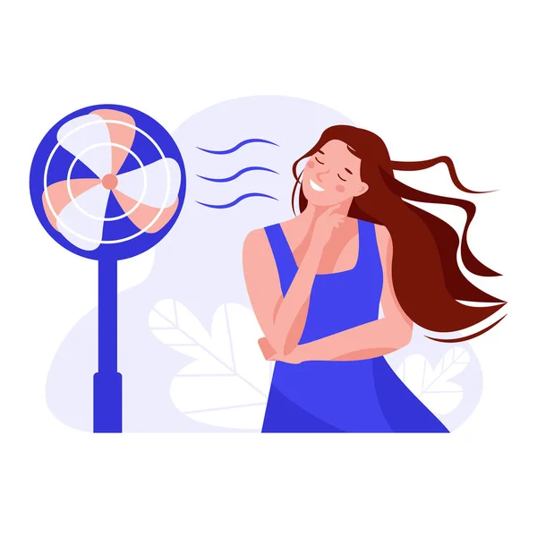 Girl Woman Front Electric Fan Hot Summer Days Air Conditioning — Stock Vector