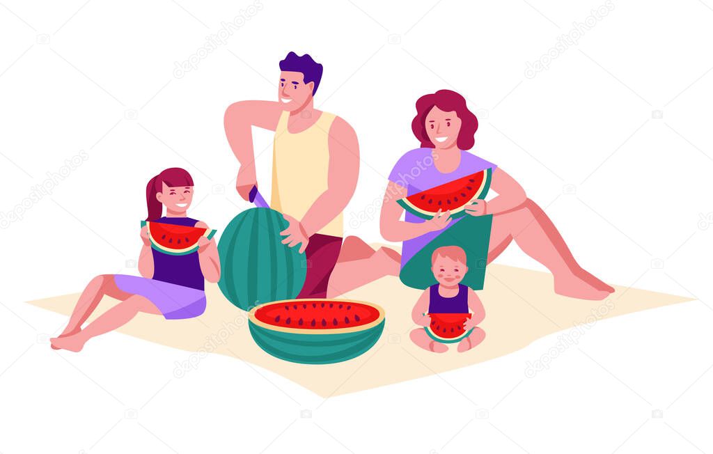Family on a summer picnic eating watermelon. The concept of family vacation, pastime. Vector illustration in flat cartoon style. Isolated on a white.