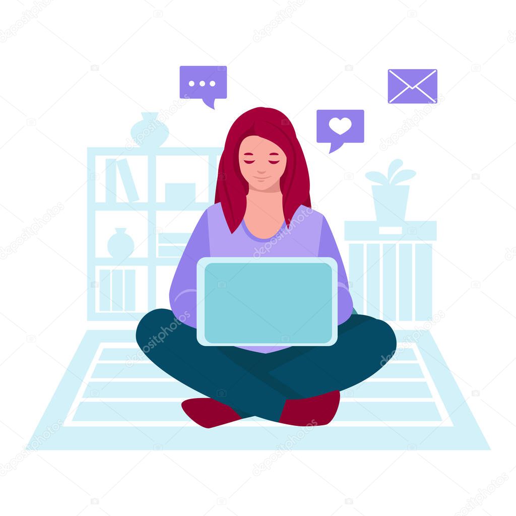Freelancer girl with laptop works, sits on the floor. Vector concept of remote work, from home. Vector illustration in flat cartoon.