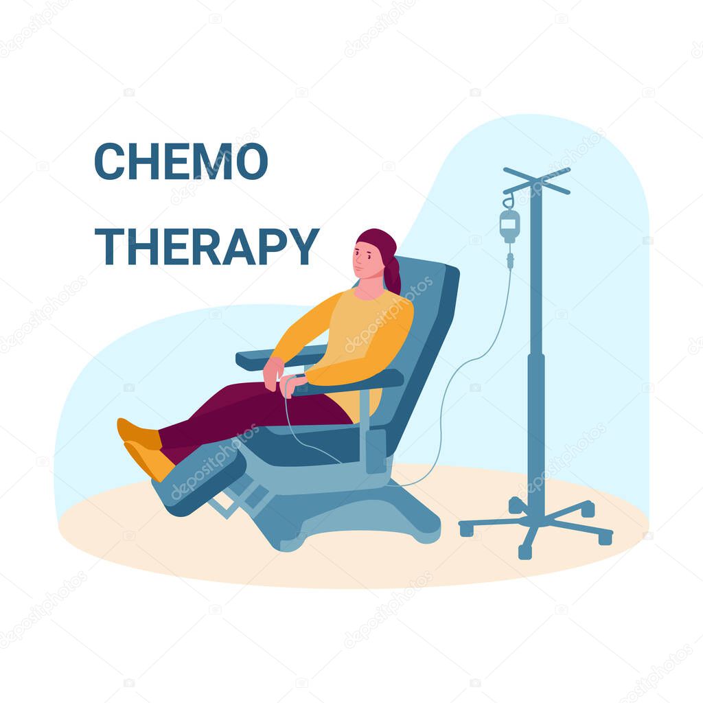 Oncology patient having a chemotherapy. Woman with cancer gets a drip. Vector concept of cancer treatment and medicine. Illustration in flat cartoon.