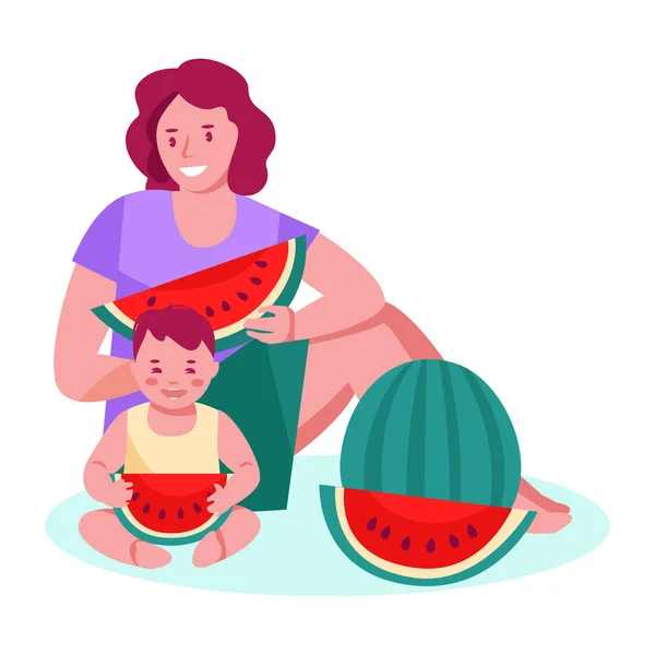 Mamá Niño Comen Una Sandía Picnic Verano Concepto Vacaciones Familia — Vector de stock