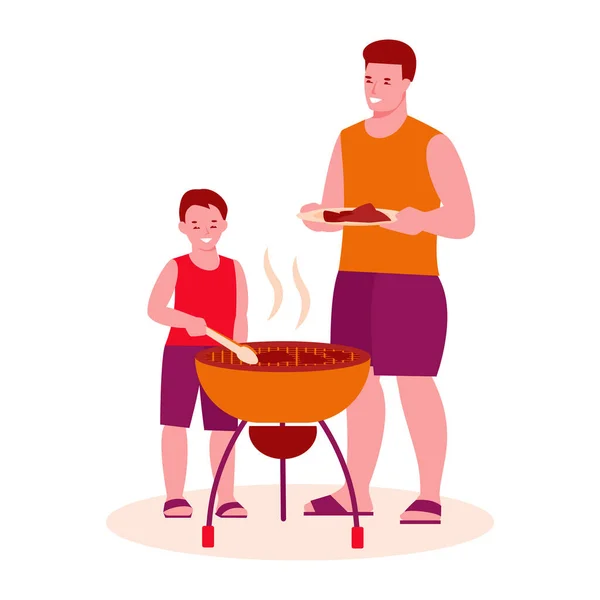 Father and son are preparing a barbecue grill. Family picnic, party, outdoor food. Vector illustration in flat style. Isolated on a white background. — Stock Vector