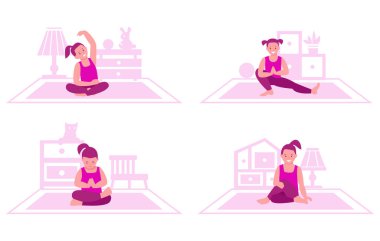 Küçük kız odanın arka planında yoga pratiği yapıyor. Jimnastik konsepti, çocuklar için sağlıklı bir yaşam tarzı. Düz çizgi film tarzında vektör çizimleri kümesi.